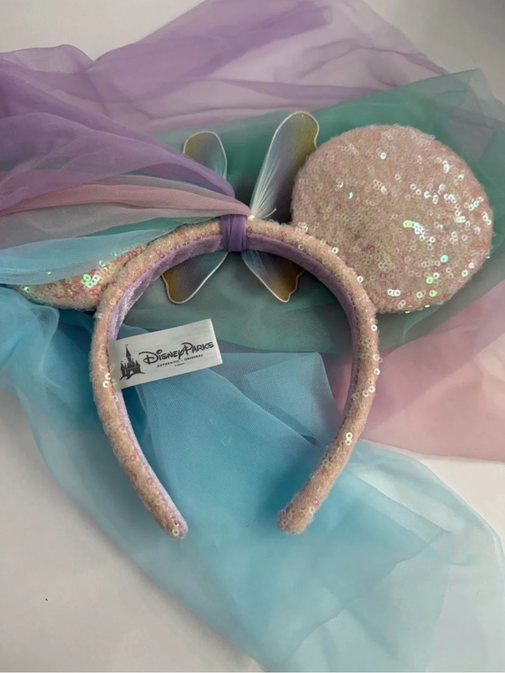 Disney Pastel Sequin Minnie Ears Headband with Butterfly and Veil